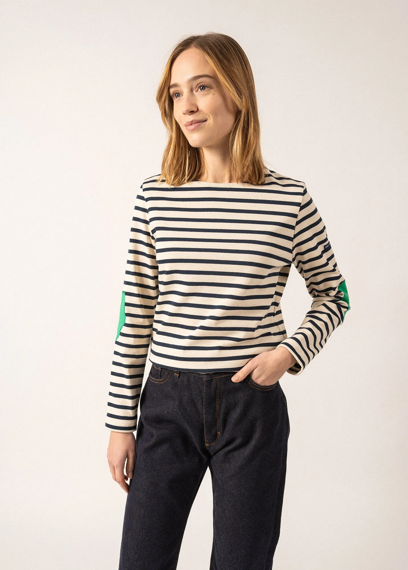 VAUJANY - Striped Shirt with Heart Elbow Patches (ECRU / NAVY / KELLY GREEN)