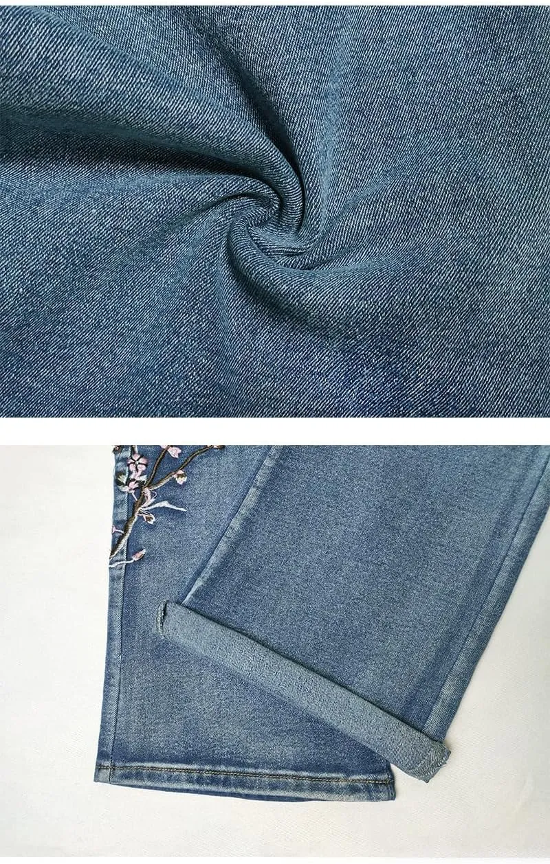 Women Vintage Embroidered High Waist Bell Bottom Jeans Skinny Stretch Flower Flare Denim Pants