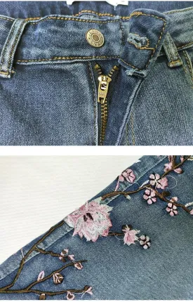 Women Vintage Embroidered High Waist Bell Bottom Jeans Skinny Stretch Flower Flare Denim Pants