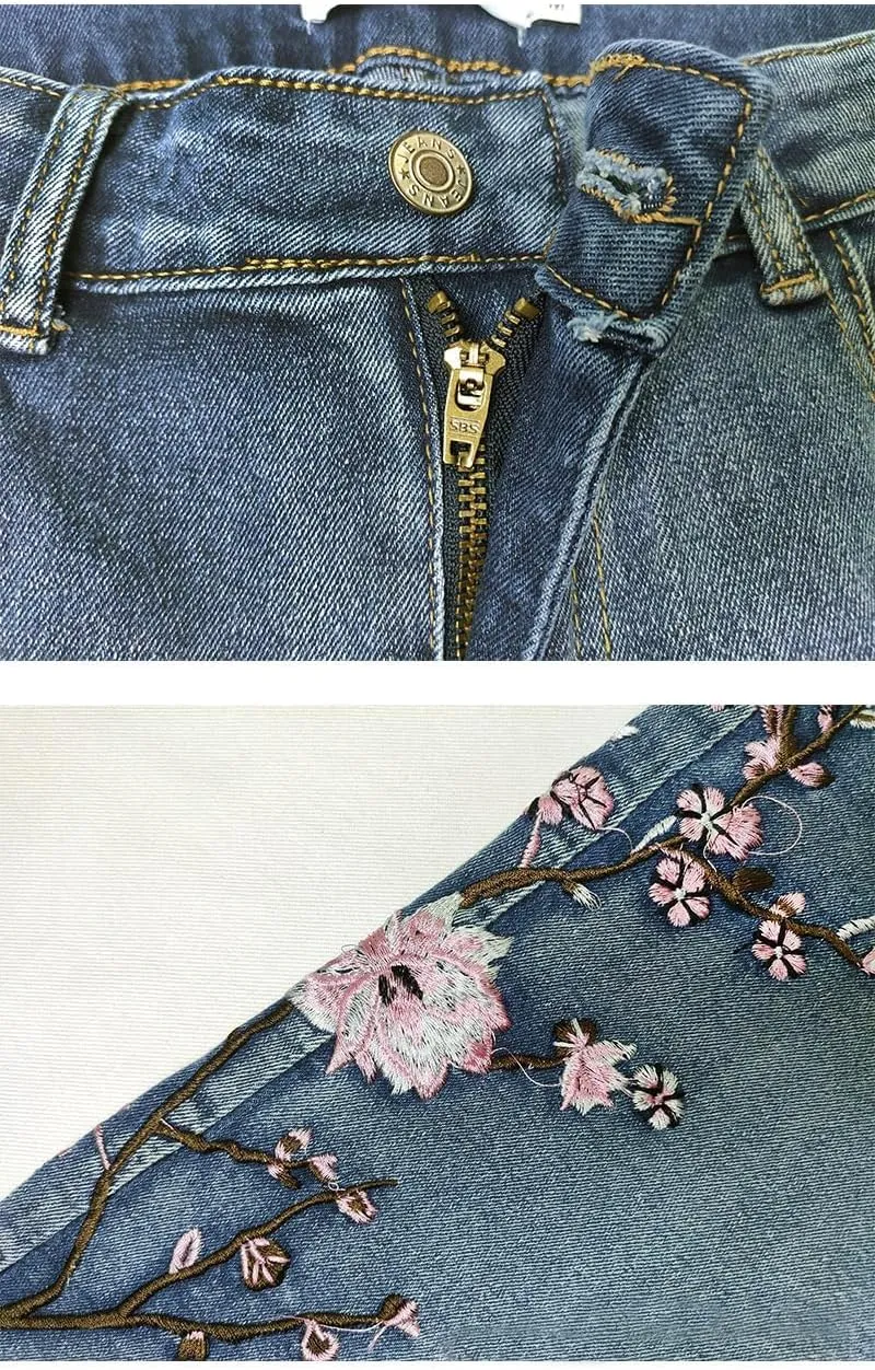 Women Vintage Embroidered High Waist Bell Bottom Jeans Skinny Stretch Flower Flare Denim Pants