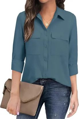 Women's Button Down Blouse Long Sleeve Dress Shirts for Work Office Business Casual Chiffon Tops