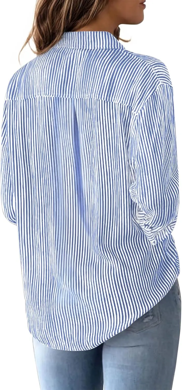 Womens Button Down Shirts Cotton Striped Dress Shirts Long Sleeve Button Up Collared Office Work Blouses Tops