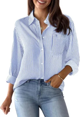 Womens Button Down Shirts Cotton Striped Dress Shirts Long Sleeve Button Up Collared Office Work Blouses Tops