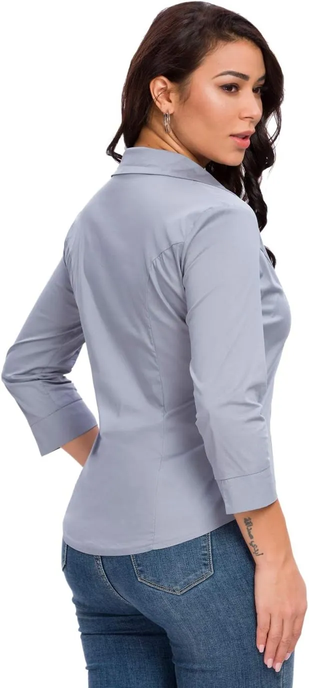 Womens Button Down Shirts Official Formal 3/4 Sleeve White Stretch Blouse Summer Dress Shirt