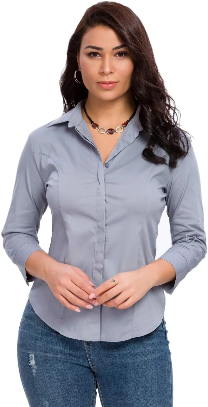 Womens Button Down Shirts Official Formal 3/4 Sleeve White Stretch Blouse Summer Dress Shirt