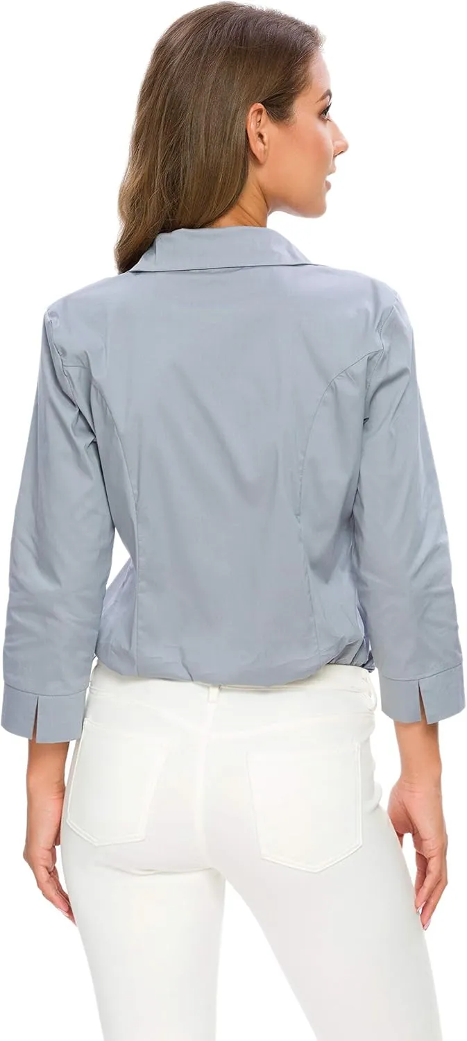 Womens Button Down Shirts Official Formal 3/4 Sleeve White Stretch Blouse Summer Dress Shirt