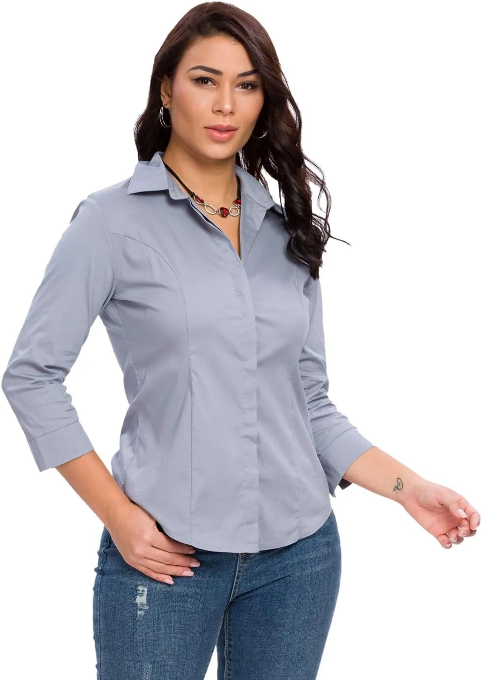 Womens Button Down Shirts Official Formal 3/4 Sleeve White Stretch Blouse Summer Dress Shirt