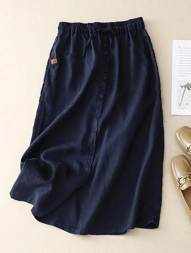 Womens Cotton Linen Skirts Casual Drawstring High Waist Skirt with Slit