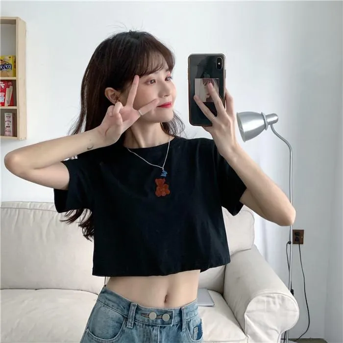 Women's Cute Bear Embroidered Short T-shirts