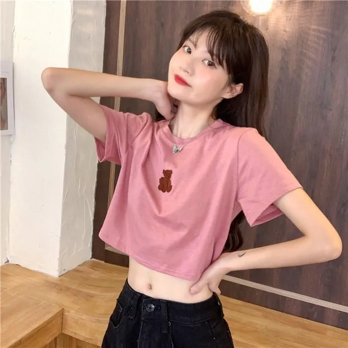 Women's Cute Bear Embroidered Short T-shirts