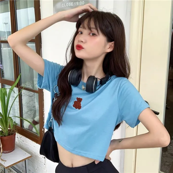 Women's Cute Bear Embroidered Short T-shirts