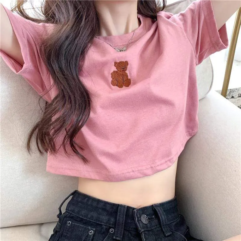 Women's Cute Bear Embroidered Short T-shirts