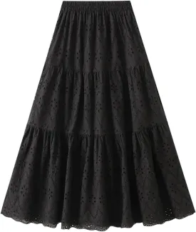 Women's French Style Skirts Female Solid Hollow Embroidery High Waist Casual Elegant A-Line Skirt