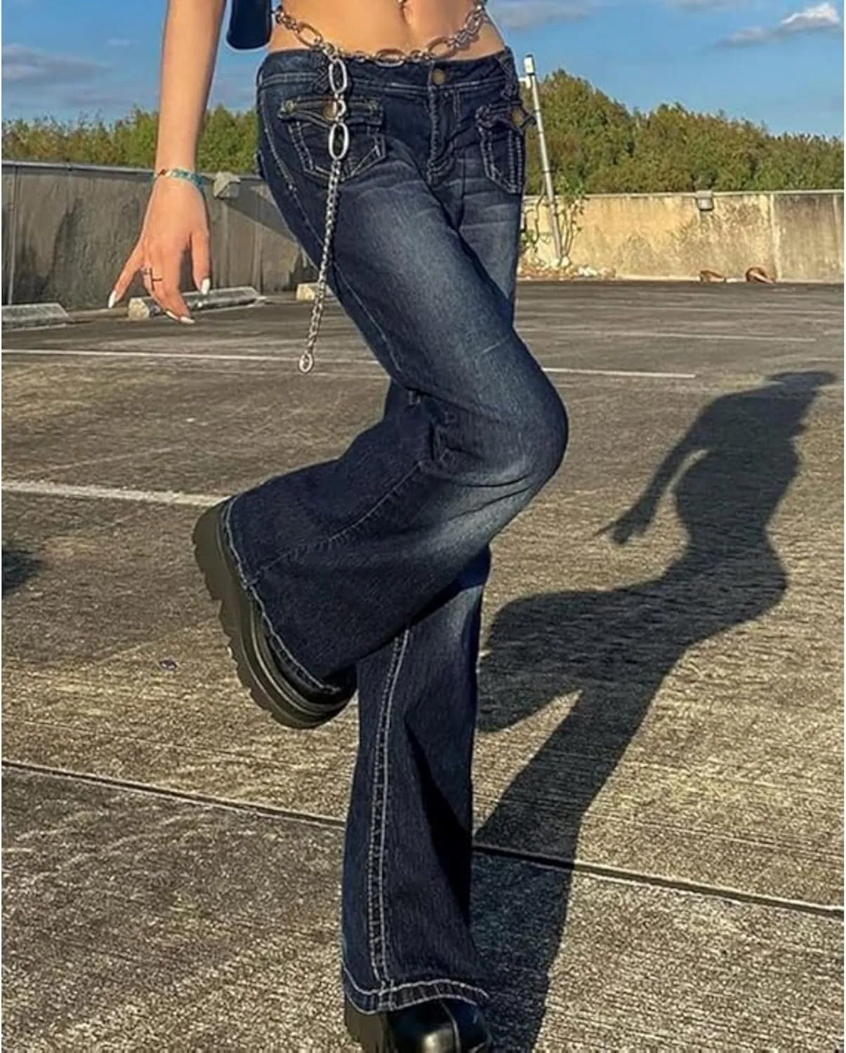 Women's Mid Rise Stretch Boot Cut Jean Vintage Washed Wide Leg Jean Trousers Retro Loose Fit Slimming Denim Pants (Blue,XX-Large)