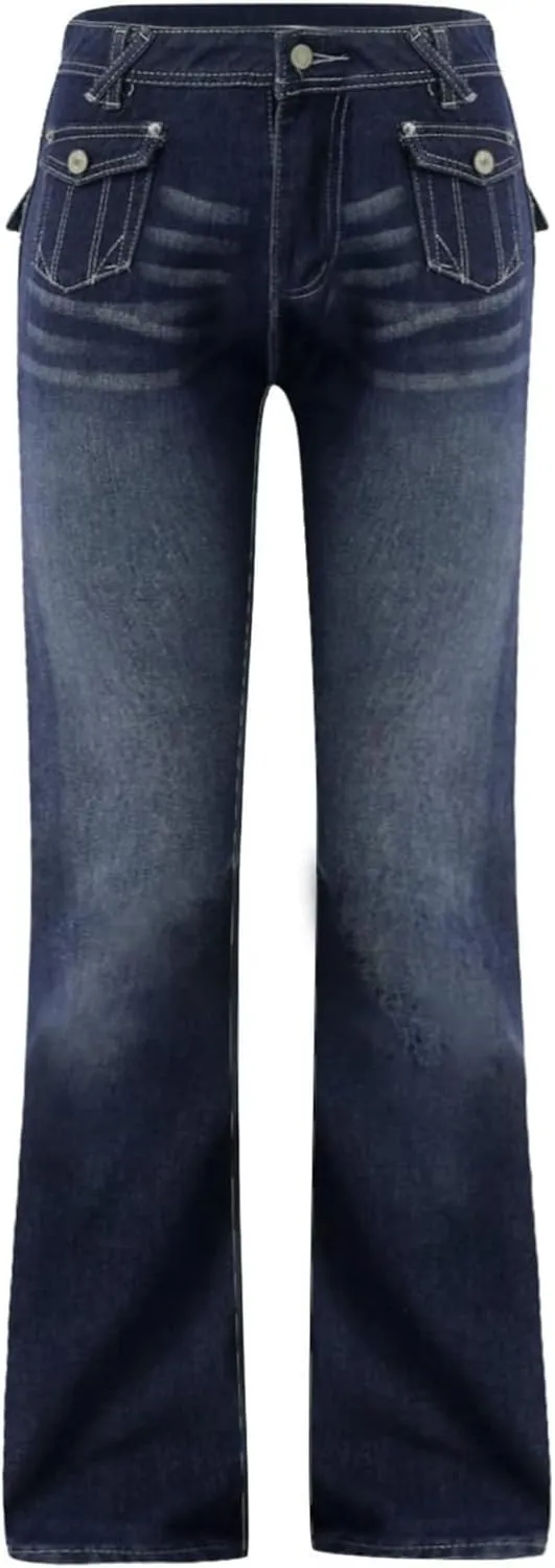 Women's Mid Rise Stretch Boot Cut Jean Vintage Washed Wide Leg Jean Trousers Retro Loose Fit Slimming Denim Pants (Blue,XX-Large)