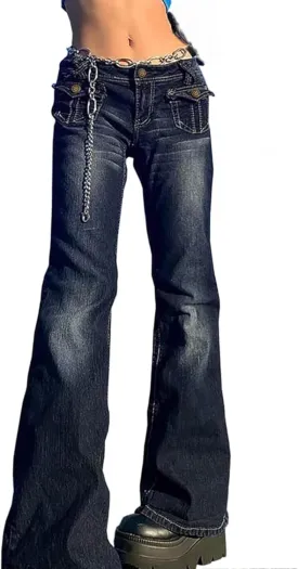 Women's Mid Rise Stretch Boot Cut Jean Vintage Washed Wide Leg Jean Trousers Retro Loose Fit Slimming Denim Pants (Blue,XX-Large)