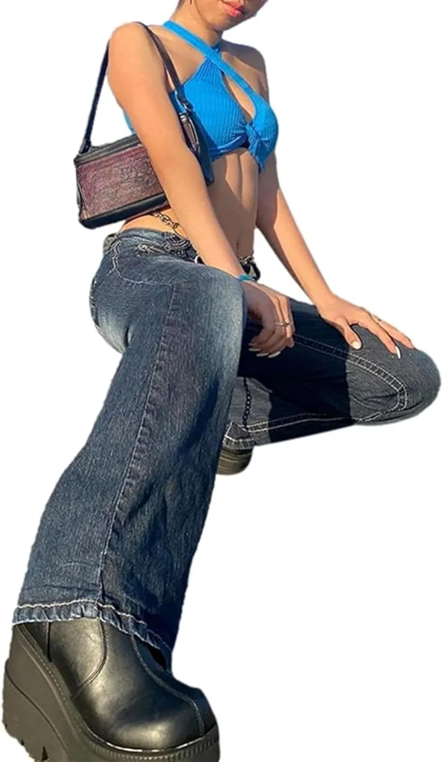 Women's Mid Rise Stretch Boot Cut Jean Vintage Washed Wide Leg Jean Trousers Retro Loose Fit Slimming Denim Pants (Blue,XX-Large)
