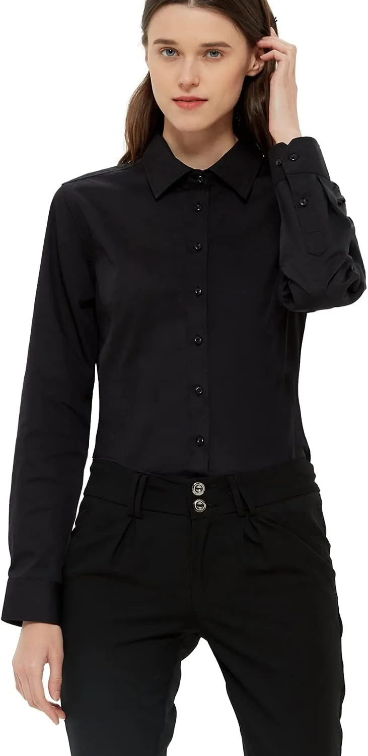 Women's Slim-Fit Button Down Shirts Stretchy Cotton Long Sleeve Work Blouse