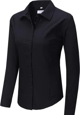 Women's Slim-Fit Button Down Shirts Stretchy Cotton Long Sleeve Work Blouse