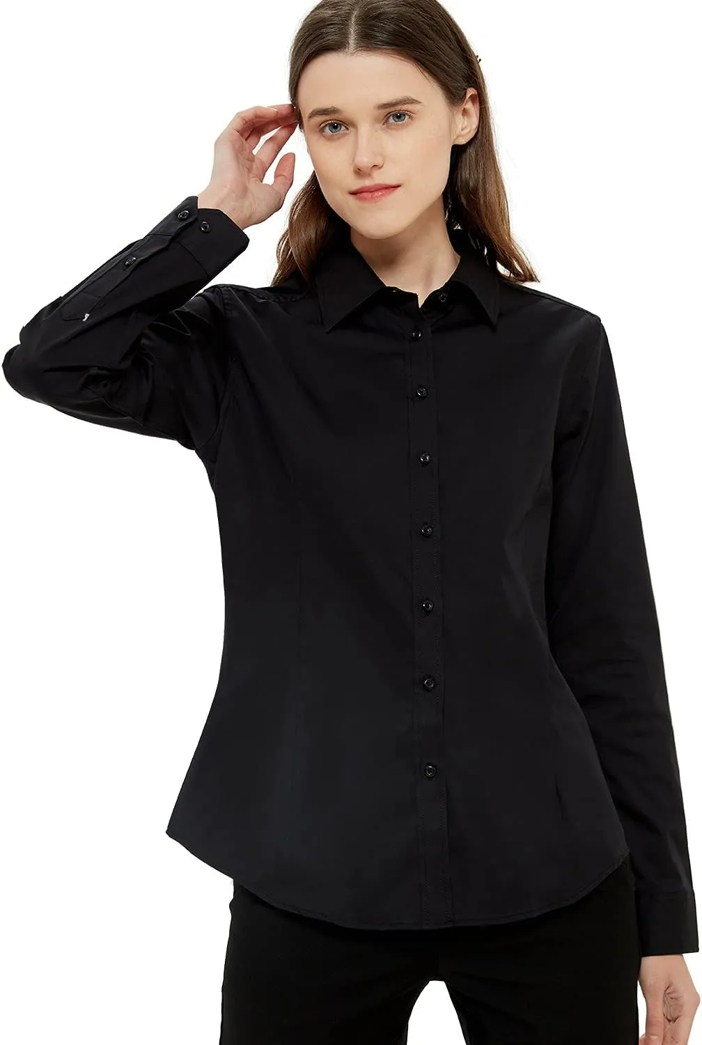 Women's Slim-Fit Button Down Shirts Stretchy Cotton Long Sleeve Work Blouse