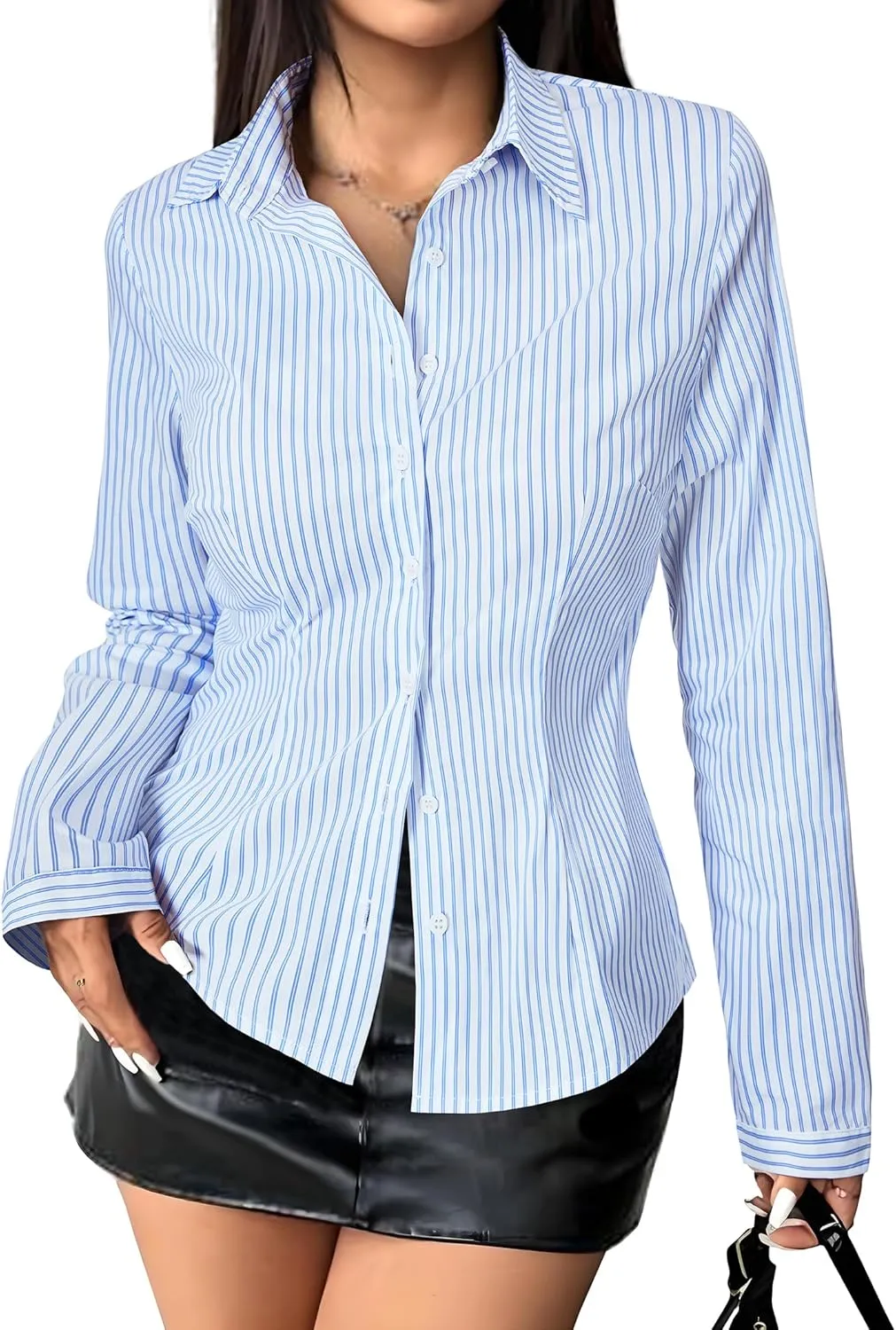 Women's Striped Button Down Shirts Flare Sleeve Slim Fit Blouses V Neck Collared Y2k Crop Tops Streetwear