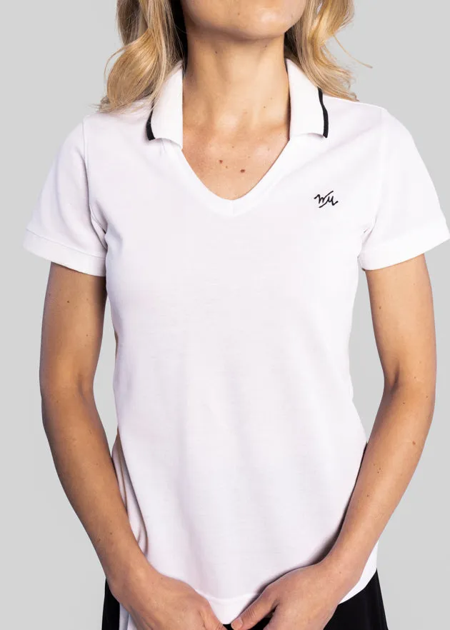 Women's V-Neck Pique Polo | White/Black