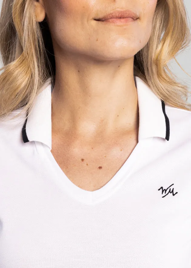 Women's V-Neck Pique Polo | White/Black