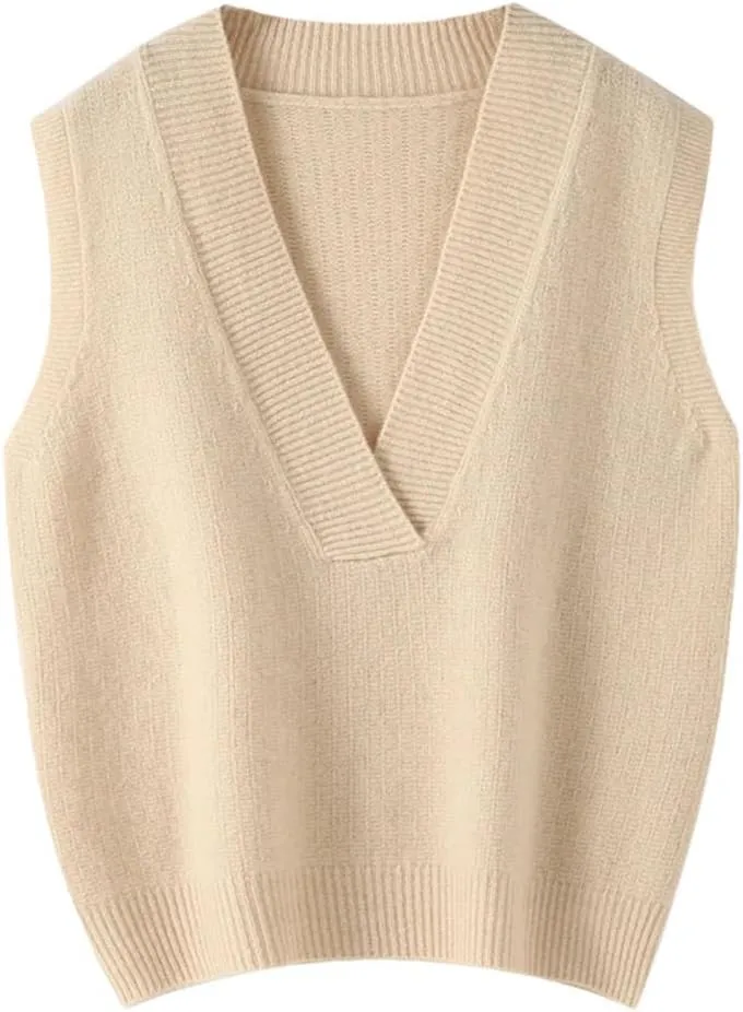 Women's V-Neck Wool Knit Sleeveless Pullover Women's Casual Knit Sweater Vest