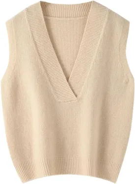 Women's V-Neck Wool Knit Sleeveless Pullover Women's Casual Knit Sweater Vest