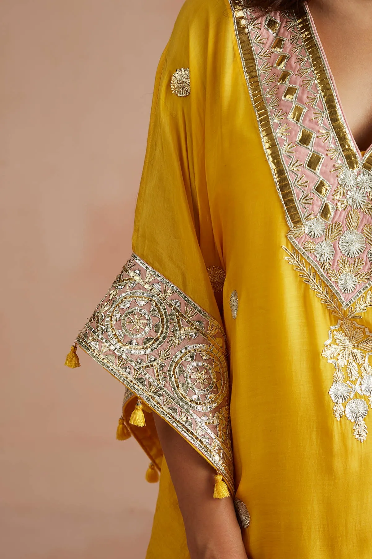 Yellow Gota Embroidered Kaftan